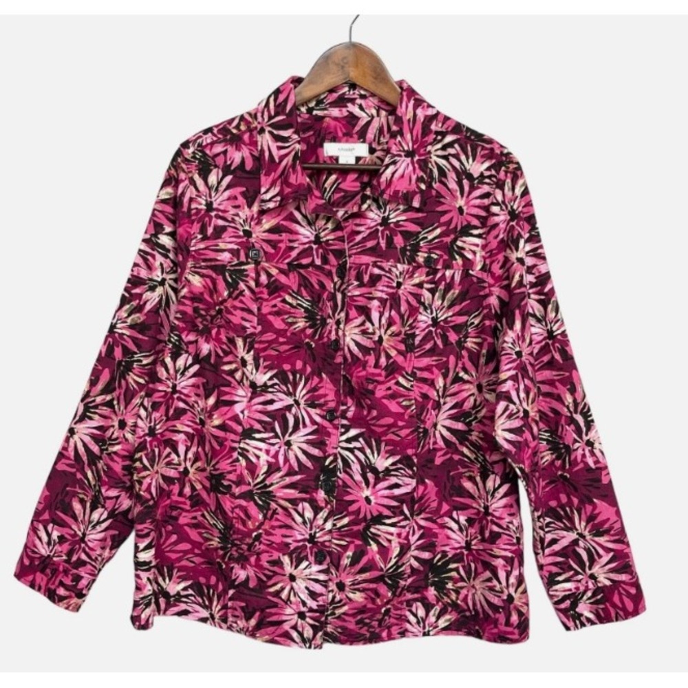 CJ Banks Womens Pink Floral Sunburst Linen Cotton Button Front Jacket Size X